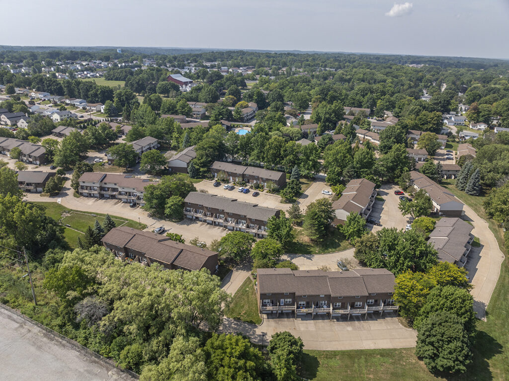 Aerial view of Willowood Village Apartments & Townhomes, showcasing the layout and surroundings of the community.