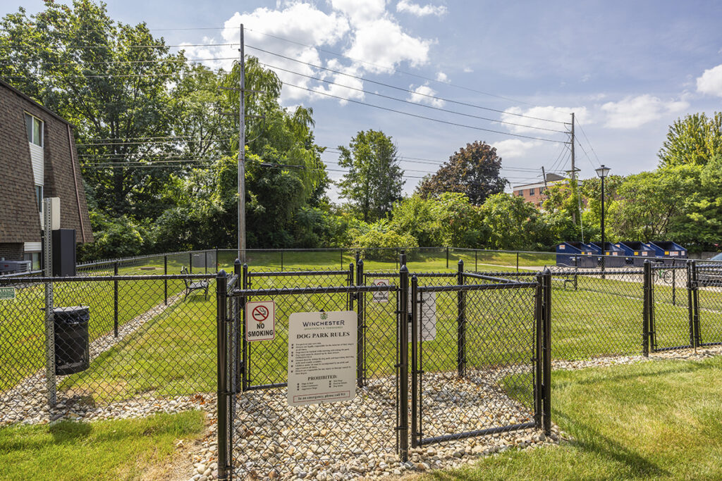 Brand new fenced-in dog park featuring a bench for pet owners and a waste station for convenience, designed for a safe and enjoyable space for dogs and their owners.