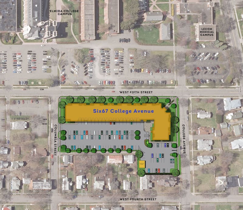 Aerial view of a city block with a labeled building, "Six67 College Avenue," showing parking areas and surrounding streets, including West Fifth and West Fourth Streets.