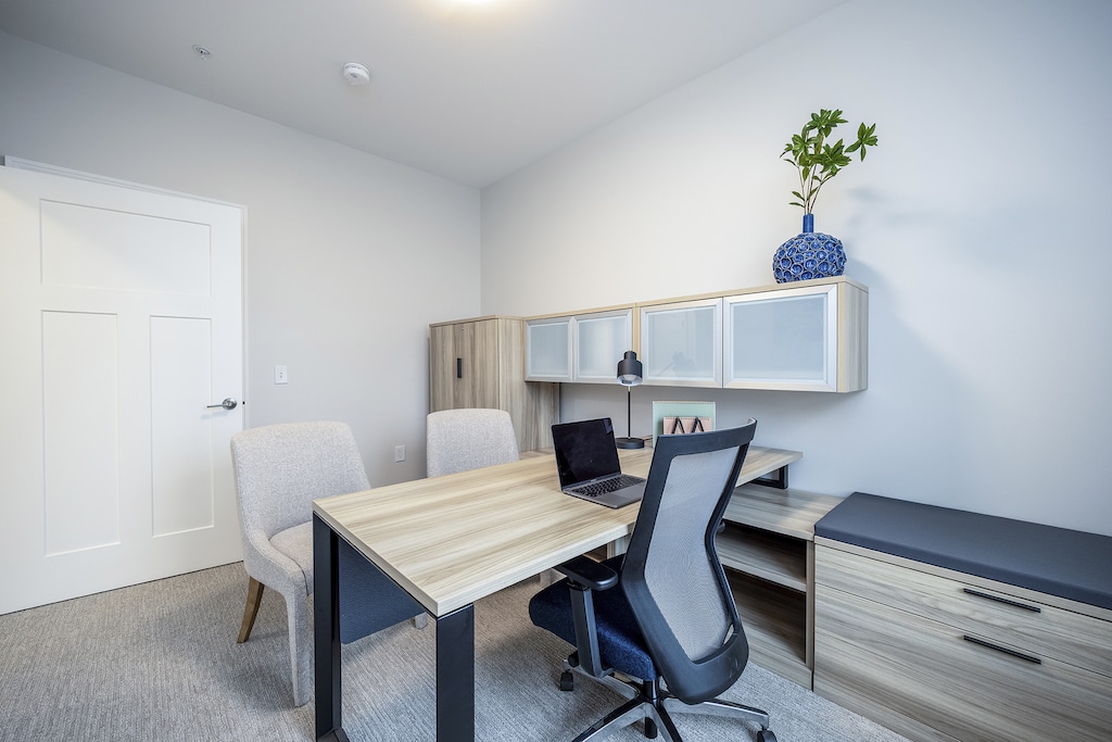 Guest Bedroom currently being used as an office with a wooden desk, a laptop, two chairs, wall shelves, and a vase with a plant on top.