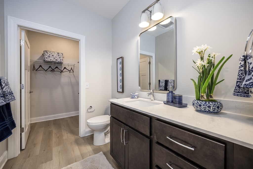 Modern bathroom with dark wood cabinets, white countertops, a large mirror, dual sinks, and a potted plant. An open closet with shelving and hanging rods is visible in the background.