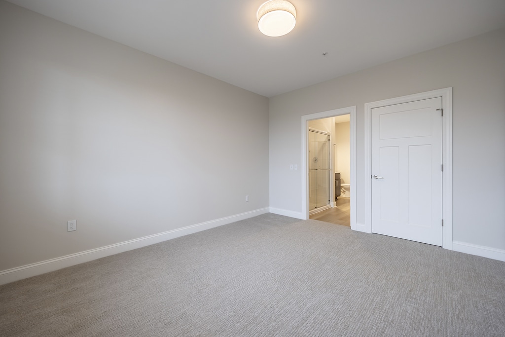 Empty room with beige carpet, gray walls, and a white door leading to a bathroom. A ceiling light fixture is centered above.
