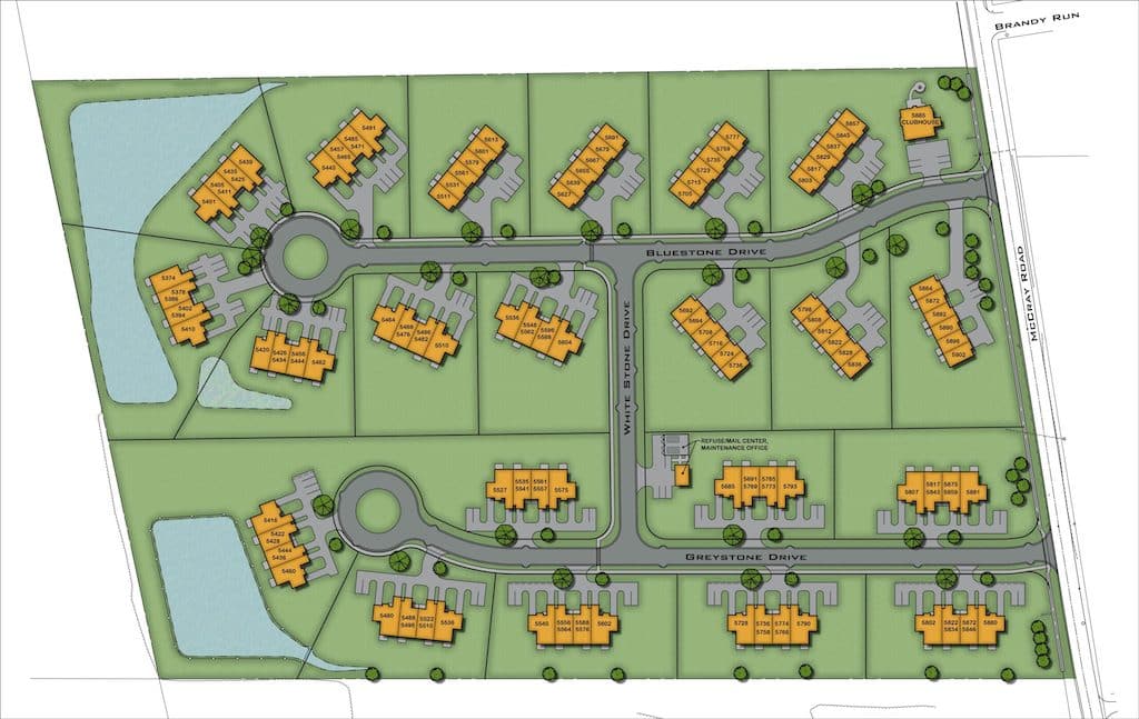 Aerial view of a residential neighborhood plan with houses, roads, and green spaces, including a pond and labeled streets: Bluestone Drive, Greystone Drive, Brandy Run, Mineral Spring Avenue.