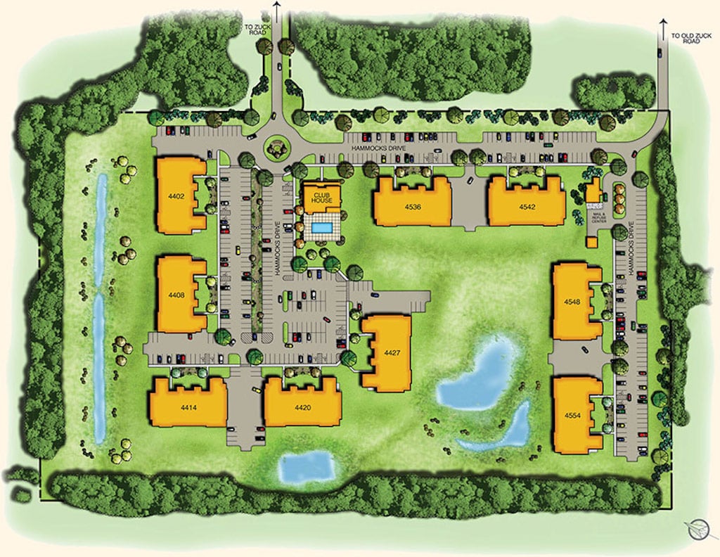 Apartment complex site map with multiple buildings, labeled 4400 to 4456, surrounded by green areas, parking lots, a pool, and small ponds. Paths and roads connect the buildings.