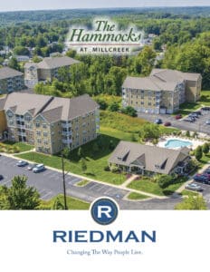 Aerial view of apartment complex with multiple buildings, a parking lot, and a pool. Branded with "The Hammocks at Millcreek" and "Riedman" logos.