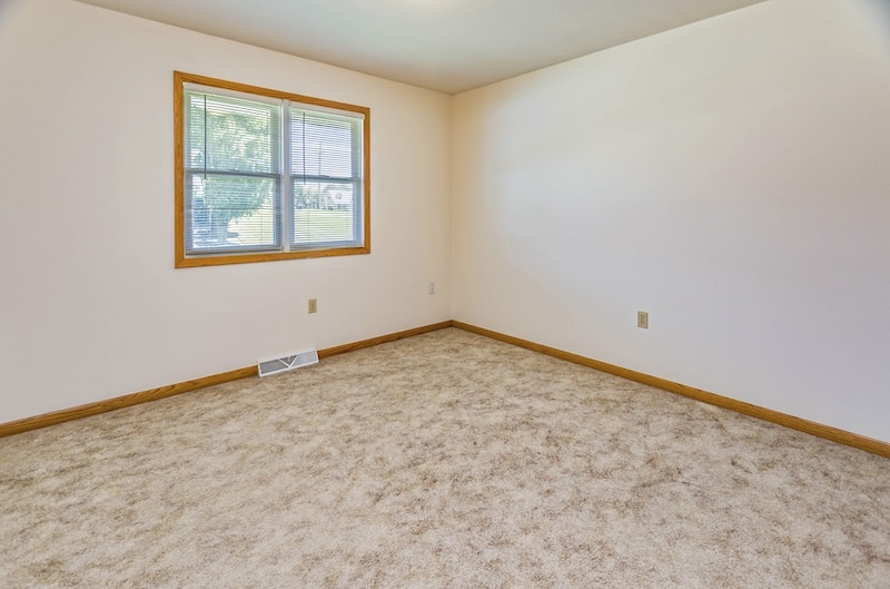 Empty room with beige carpet, light-colored walls, and a window with a view of trees.