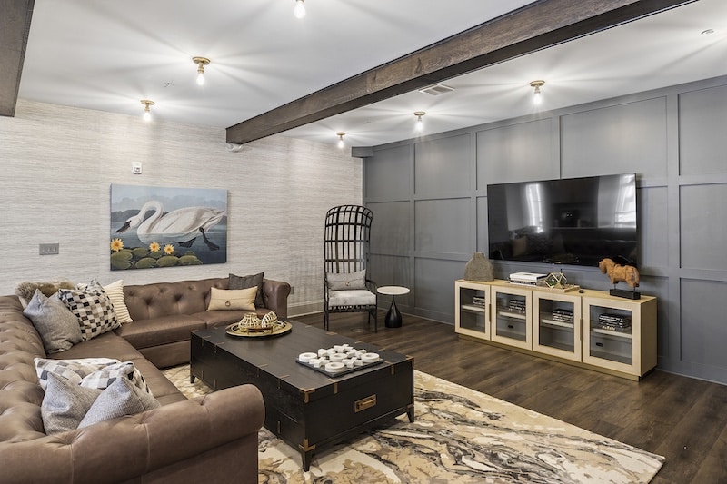 A modern living room with a brown sectional sofa, black coffee table, large TV, and wall art of swans. A wicker chair and storage cabinet are also present.