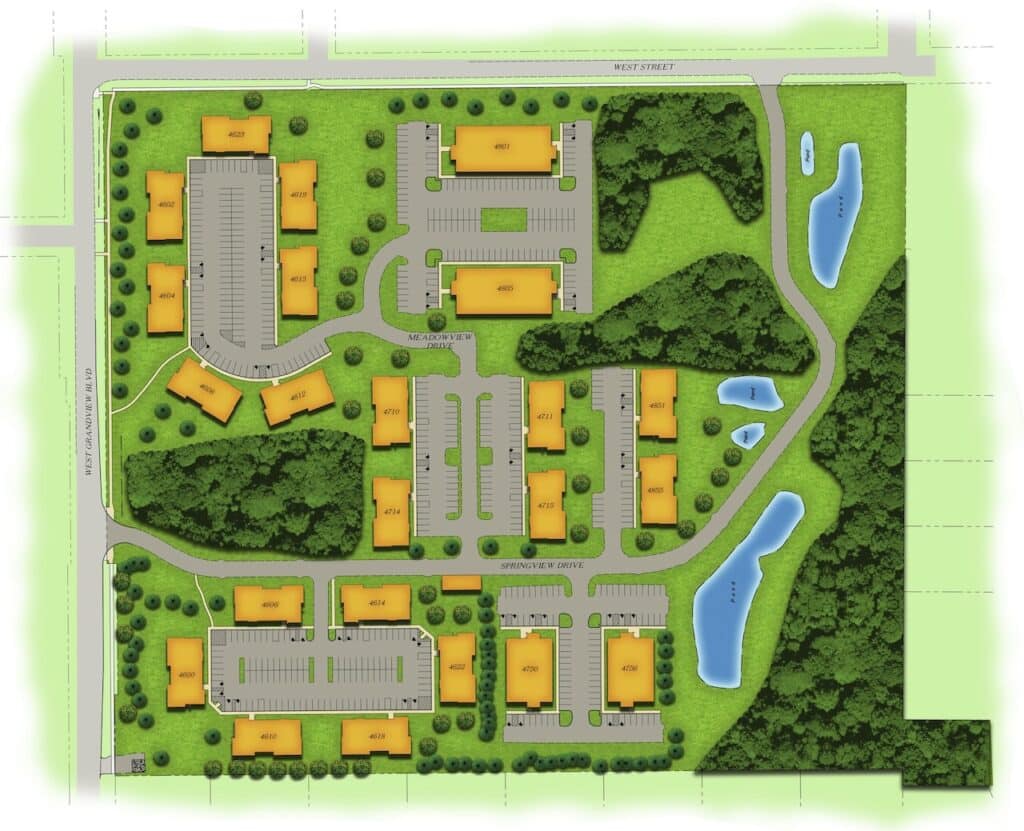 Illustrated map of a residential complex with buildings, roads, parking areas, landscaped greenery, and ponds.