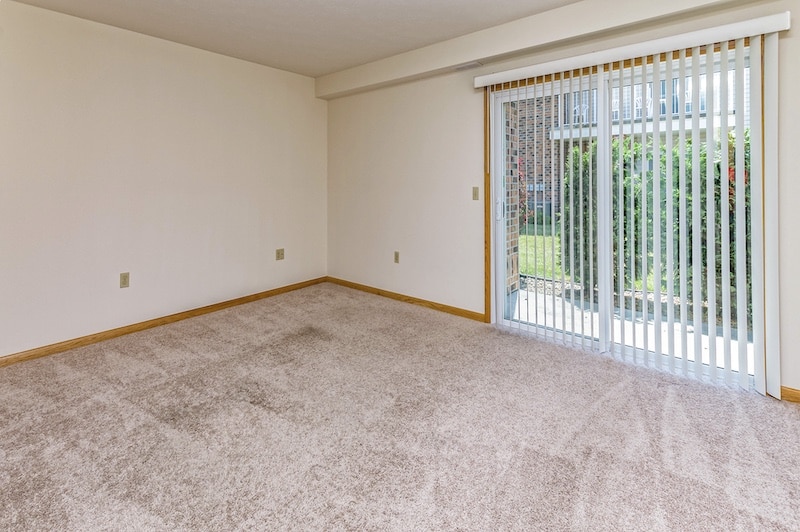 Empty room with beige carpet, white walls, and sliding glass doors leading to a grassy outdoor area. White vertical blinds cover the doors.