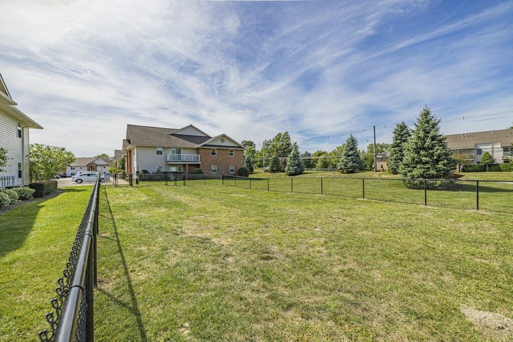 A residential backyard with a grass lawn, framed by a black chain-link fence, and neighboring houses. The sky is partly cloudy.