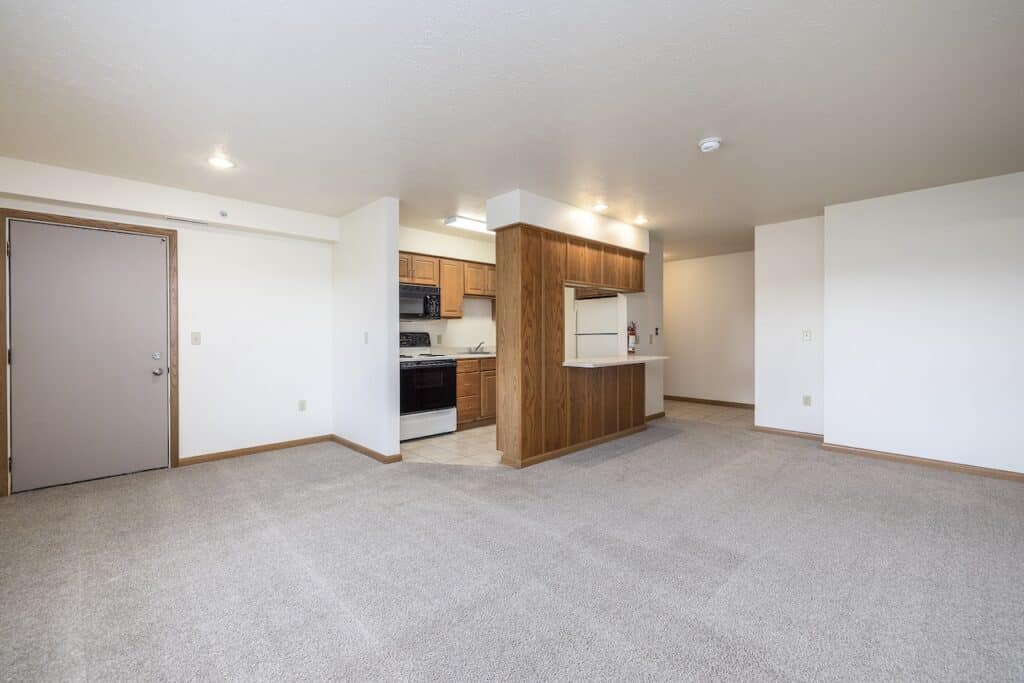 Empty apartment with beige carpet, a small kitchen with wooden cabinets, and a brown door. Walls are painted white. Ceiling lights are present.