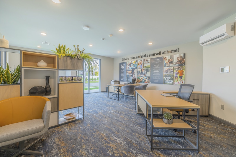 Modern office space with two desks, chairs, decorative shelving, and wall art, under bright lighting. A large window allows natural light into the room.