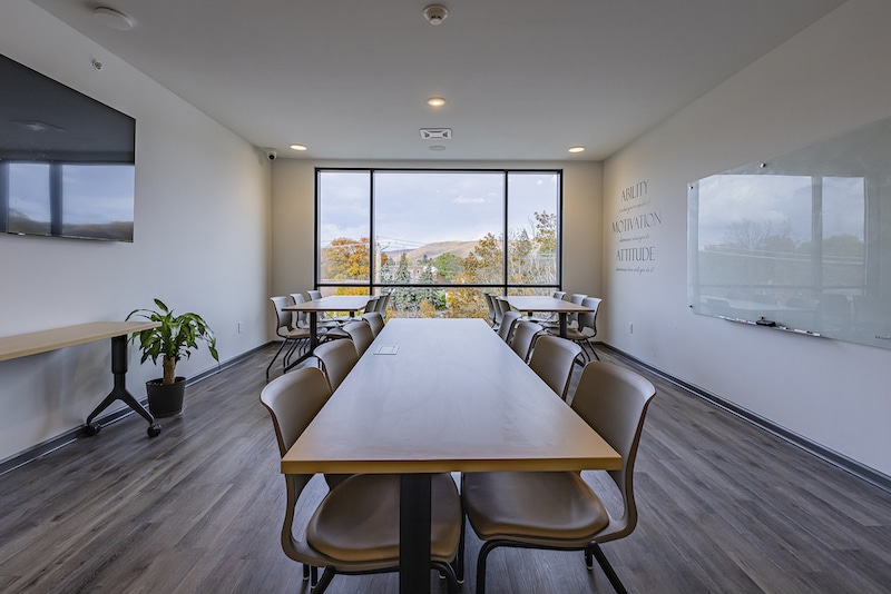 A modern conference room with a long table, chairs, a large window with a view, a TV, a whiteboard, and a plant.