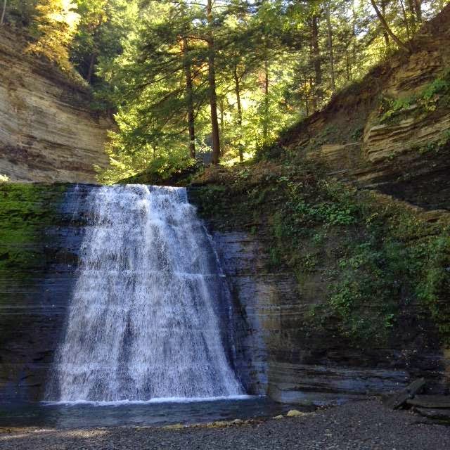 A waterfall cascades over a rocky cliff surrounded by lush green foliage and trees.