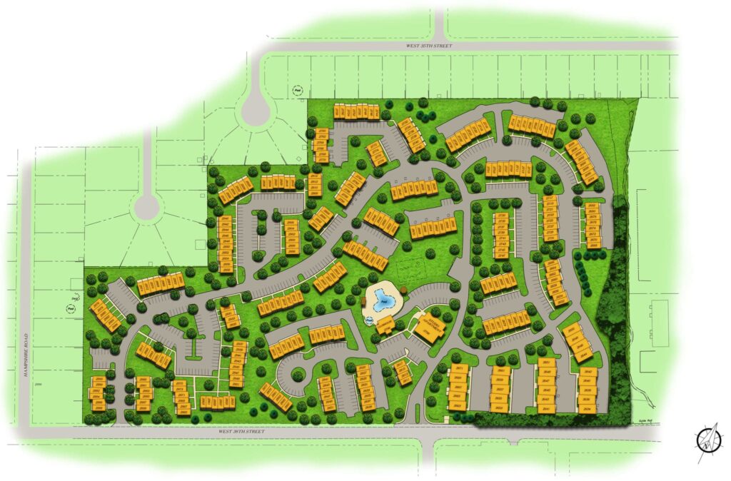 Illustrated site plan of a residential community with multiple buildings, roads, and a central pool area, surrounded by greenery.