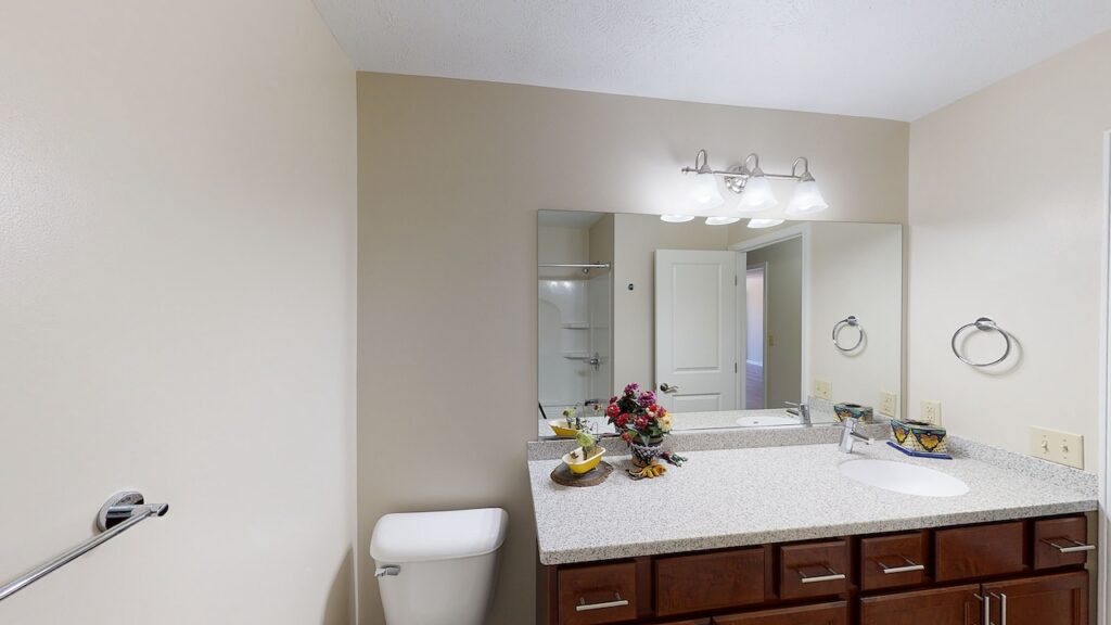 Bathroom with a large mirror, granite countertop, single sink, flowers, and decorative items. Overhead lighting is installed above the mirror. A door and shower are visible in the reflection.
