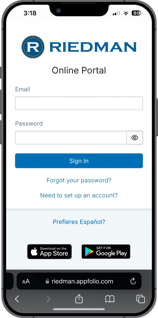 Mobile screen showing the Riedman Online Portal login page, with fields for email and password, sign-in button, options for password recovery, account setup, and app download links.