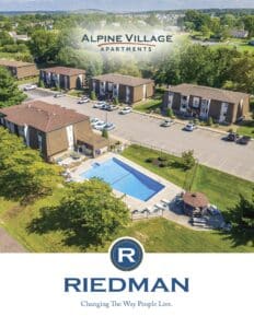 Aerial view of Alpine Village Apartments showing multiple buildings, a parking lot, a swimming pool, and surrounding greenery. Riedman logo with the slogan "Changing The Way People Live" at the bottom.