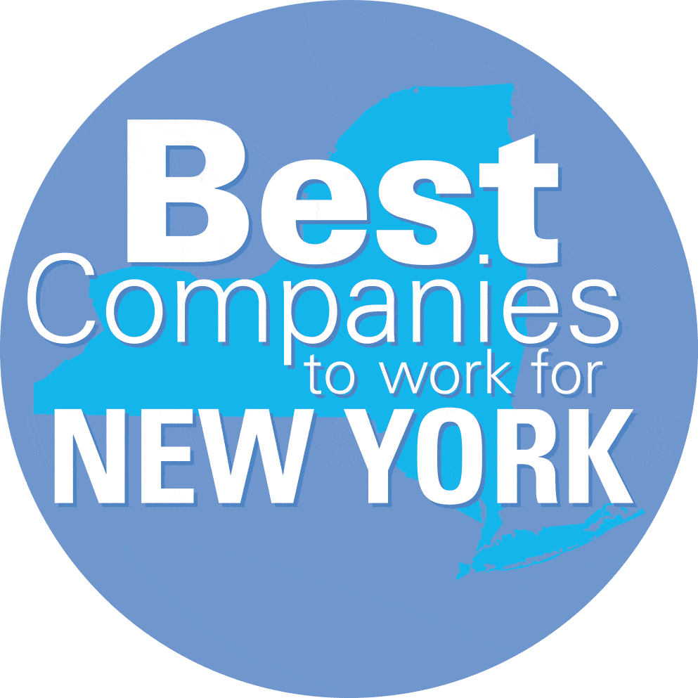 Blue circular badge with text: "Best Companies to Work for New York.