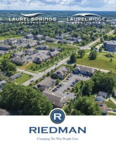 Aerial view of Laurel Springs and Laurel Ridge Apartments, with surrounding greenery and roads. Riedman logo and slogan at the bottom.