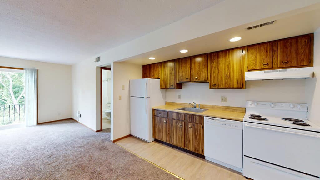 Open kitchen with wood cabinets, white appliances including refrigerator, dishwasher, and electric stove, and overhead lighting. The layout flows into a carpeted living room with sliding glass doors leading to a private balcony, creating a functional and comfortable rental home.