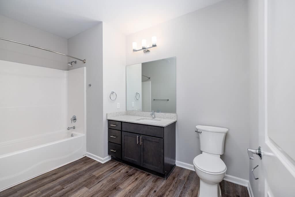 Modern bathroom with a bathtub-shower combo, dark wood vanity with granite countertop, large mirror, toilet, and wood-style LVP flooring.