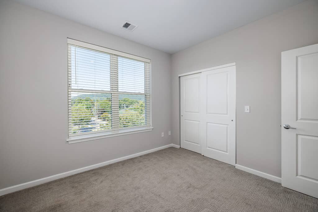 Unfurnished bedroom with beige carpet, light gray walls, a large window with blinds, and a white double-door closet.
