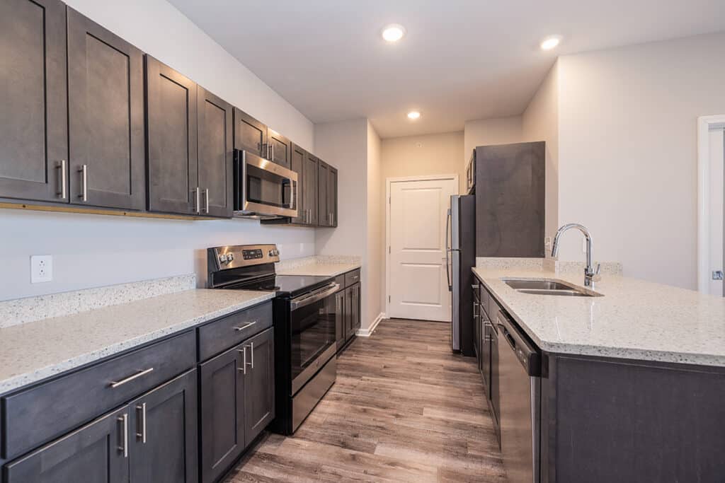 Modern kitchen with dark cabinets, stainless steel appliances, quartz countertops, wood-look LVP flooring, and recessed lighting.