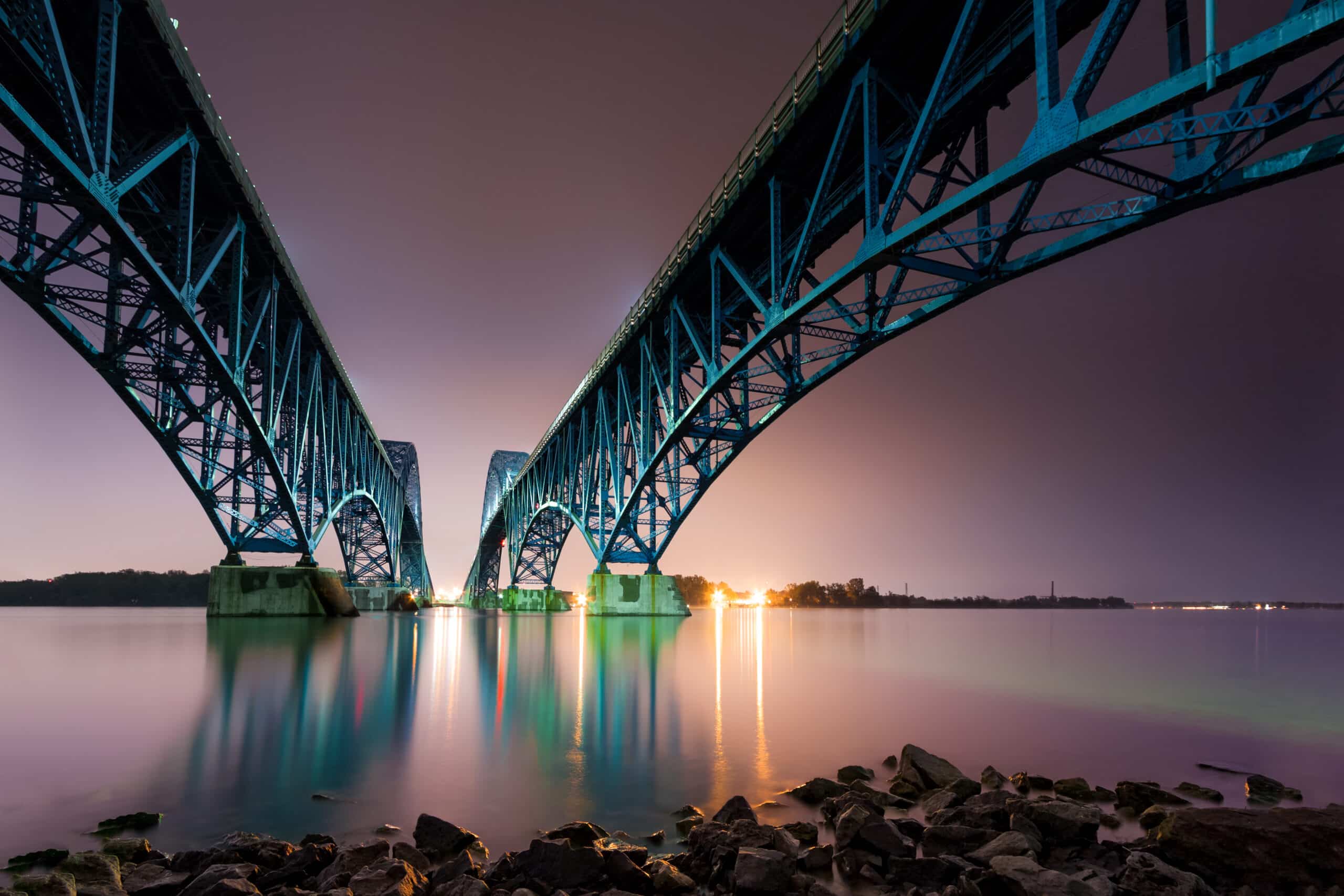 South Grand Island Bridge at night with reflections over the Niagara River