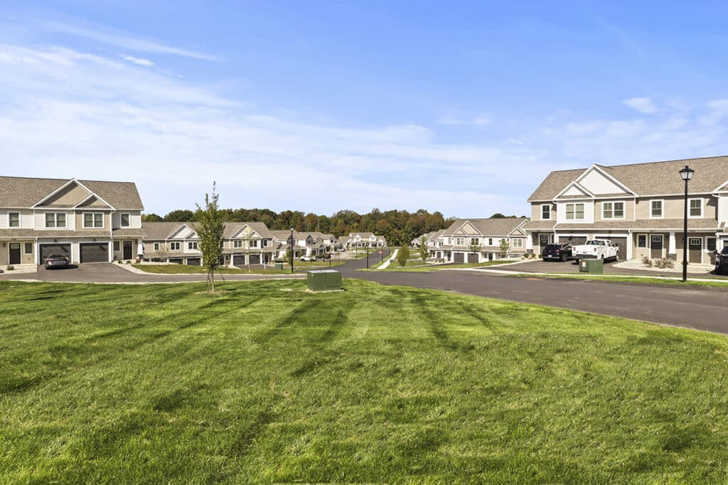 Aerial view of The Hammocks at Fairview community featuring beautifully maintained lawns, tree-lined streets, and modern townhome-style residences with attached garages.
