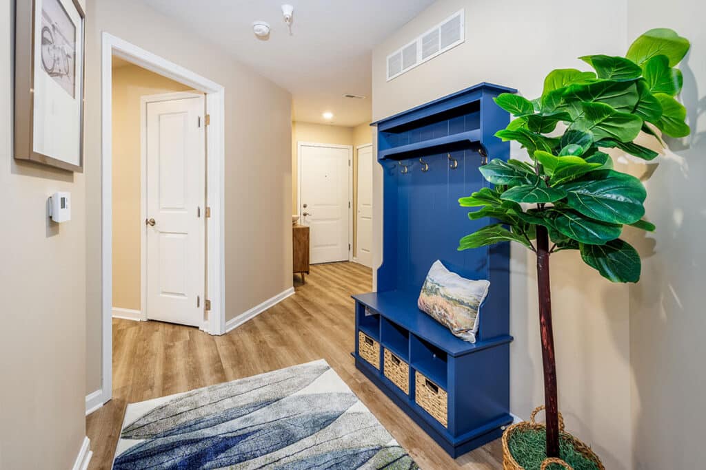Entry hallway with LVP wood-style flooring, built-in storage bench, wall hooks, and decorative plant