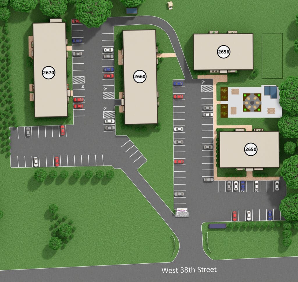 Aerial view of four rectangular office buildings labeled 2670, 2660, and two marked 2650, with parking lots, trees, and a courtyard, located along West 38th Street.